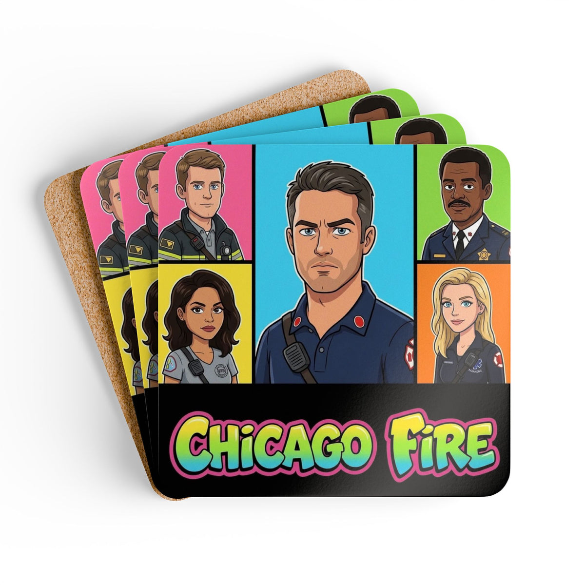 Chicago Fire Cartoon Cork Coaster Set — TV Show Character Drink Coasters