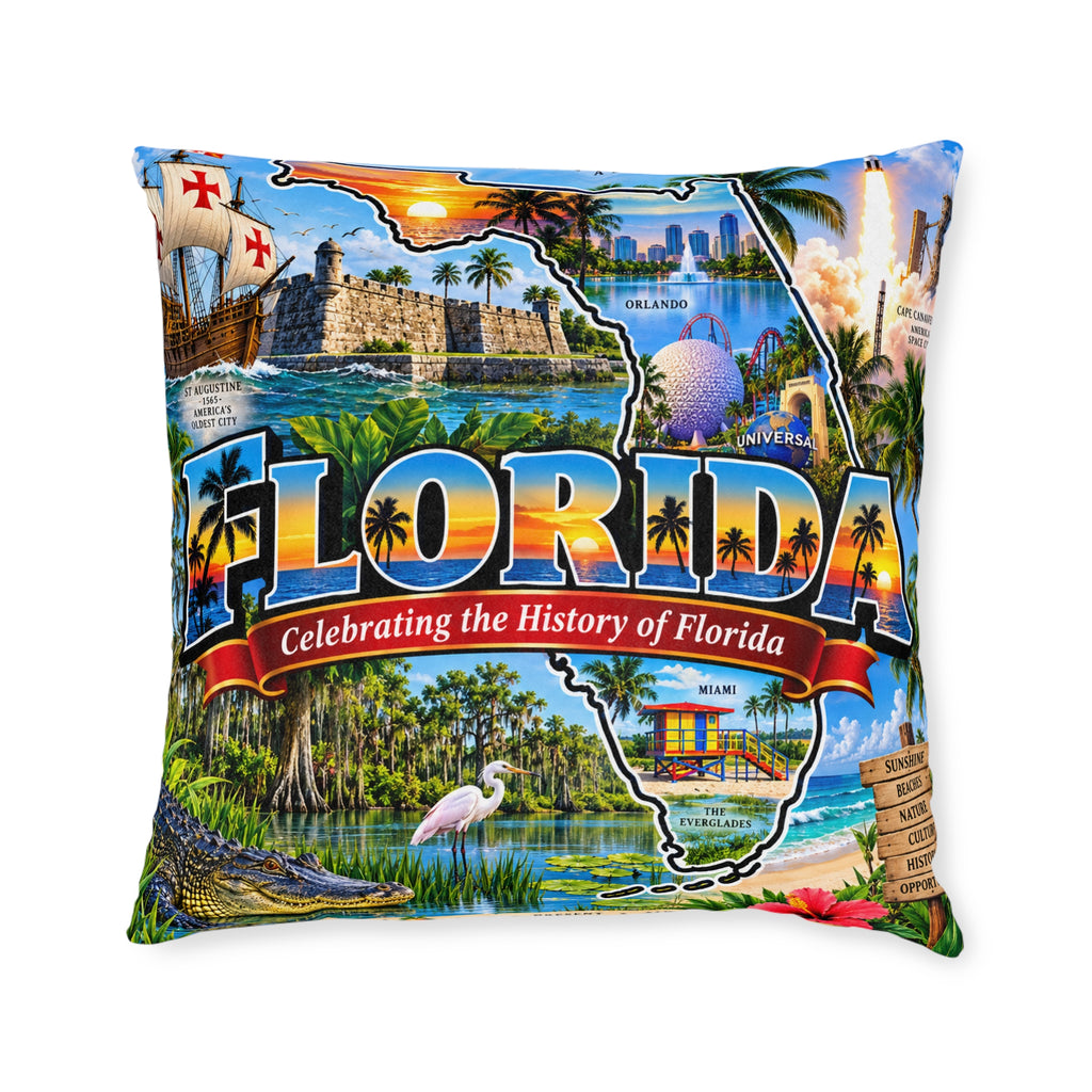 Florida Map Square Pillow — Vintage Travel State Throw Pillow
