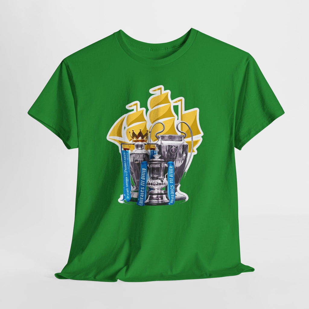 Manchester City Champions Trophy Tee – Golden Cups & Blue Scarves Football Fan Shirt