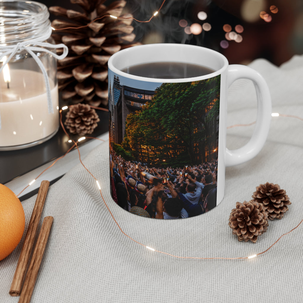 New York City Manhattanhenge Sunset Photo Mug — NYC Skyline Crowd Ceramic Coffee Cup (11oz/15oz)