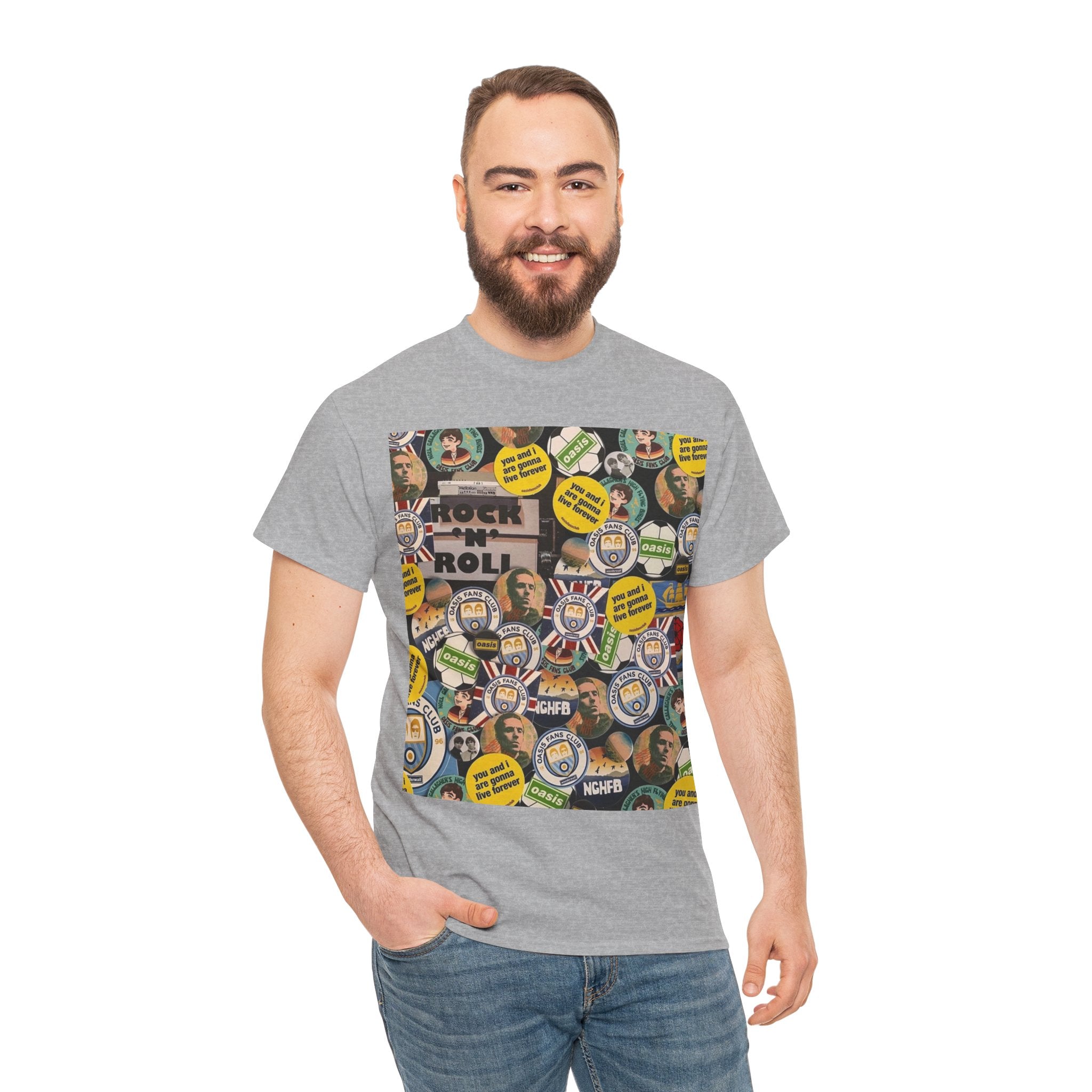 Oasis Rock & Roll Retro Button Collage Tee