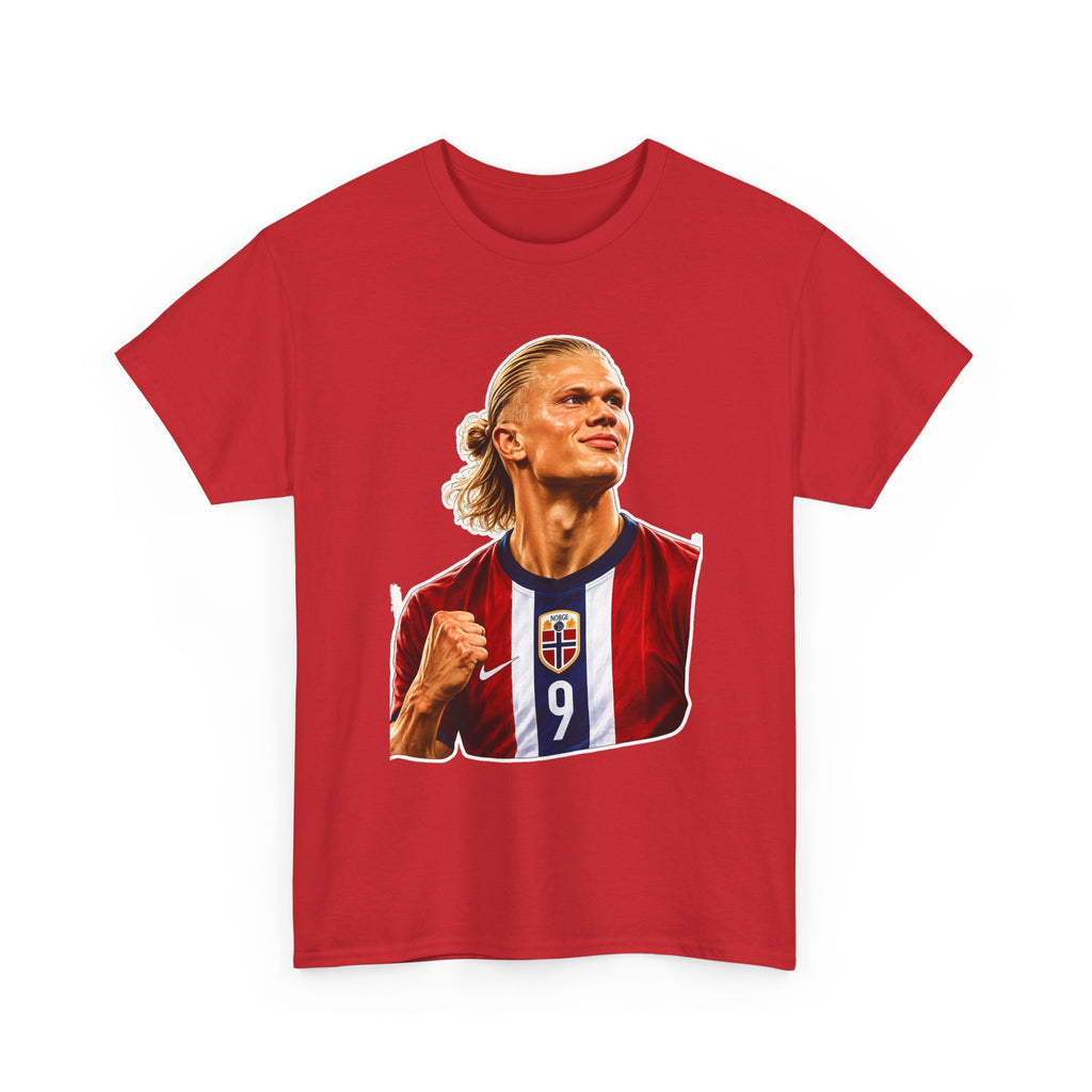 Erling Haaland Soccer Star Graphic Tee — #9 Norway Jersey Player Portrait