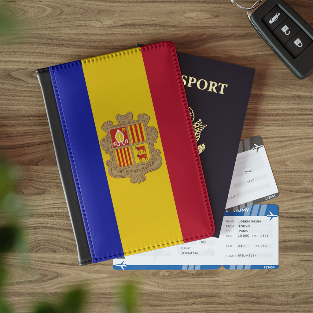 Andorra Flag Passport Cover – Tricolor Travel Passport Holder with Coat of Arms