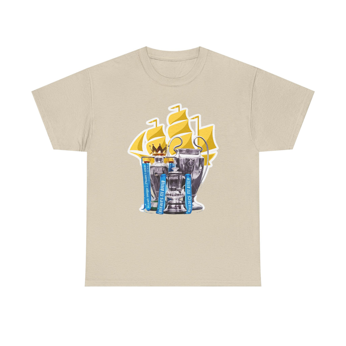 Manchester City Champions Trophy Tee – Golden Cups & Blue Scarves Football Fan Shirt