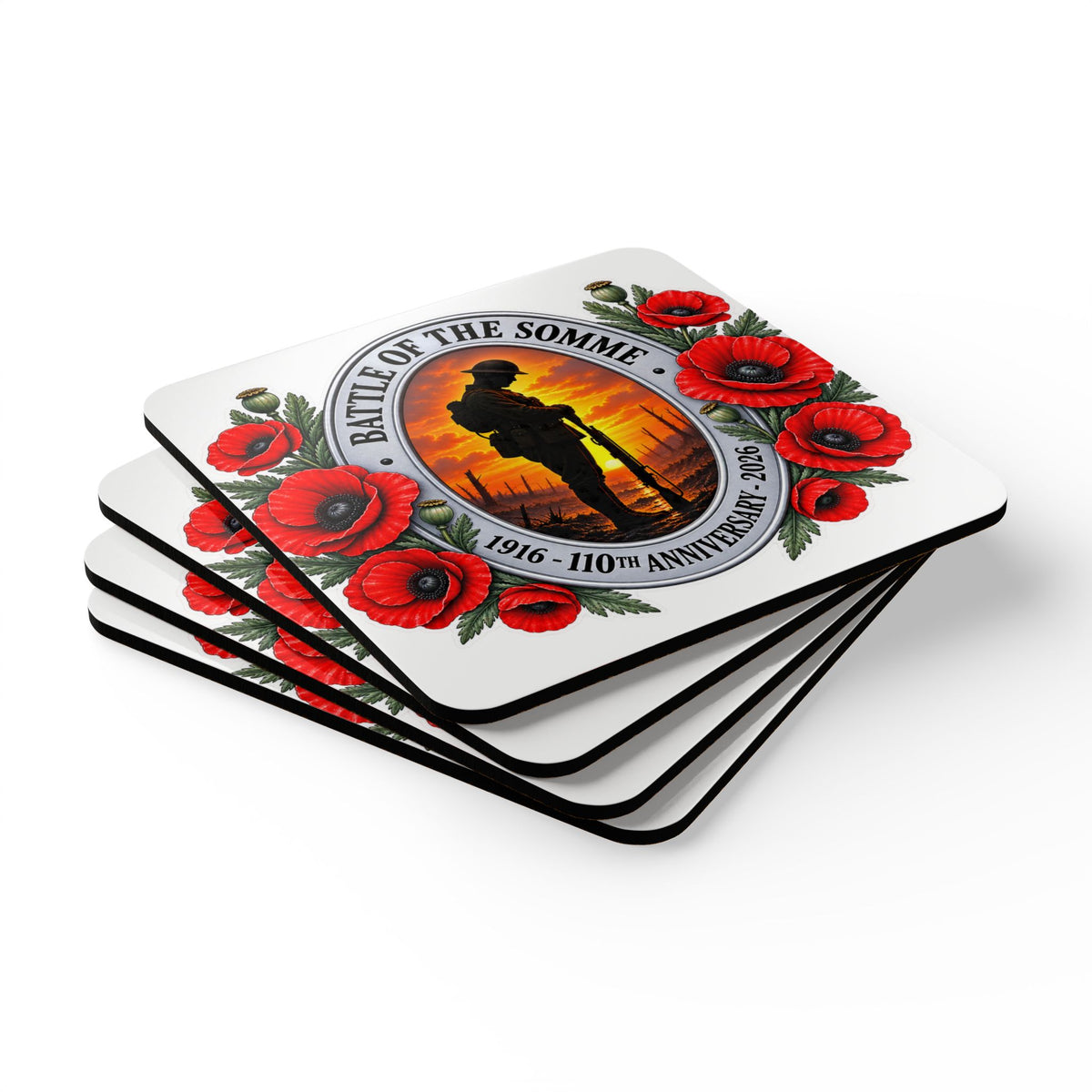 Battle of the Somme Remembrance Cork Coaster Set — 1916–2026 Poppy Memorial
