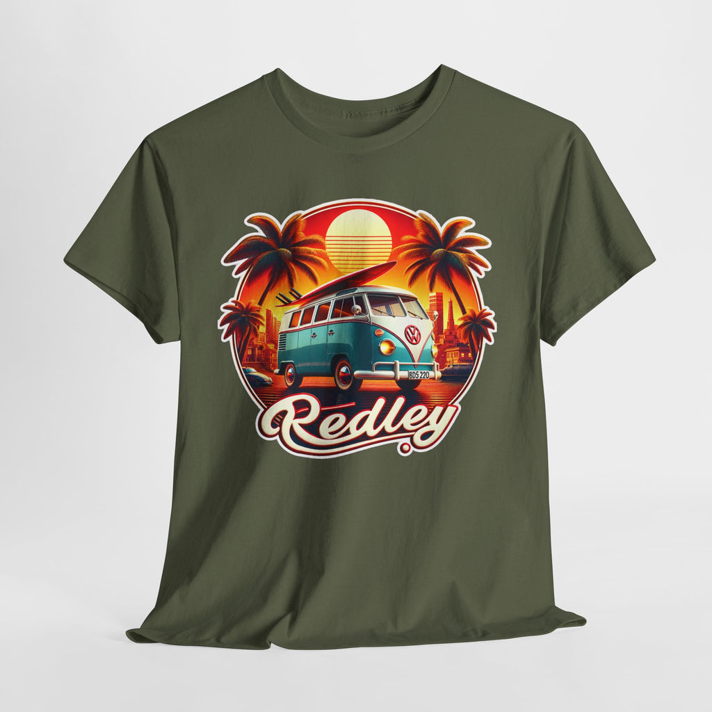 Vintage Surf Van T-Shirt – Retro Beach Sunset Tee with 'Redley' Script