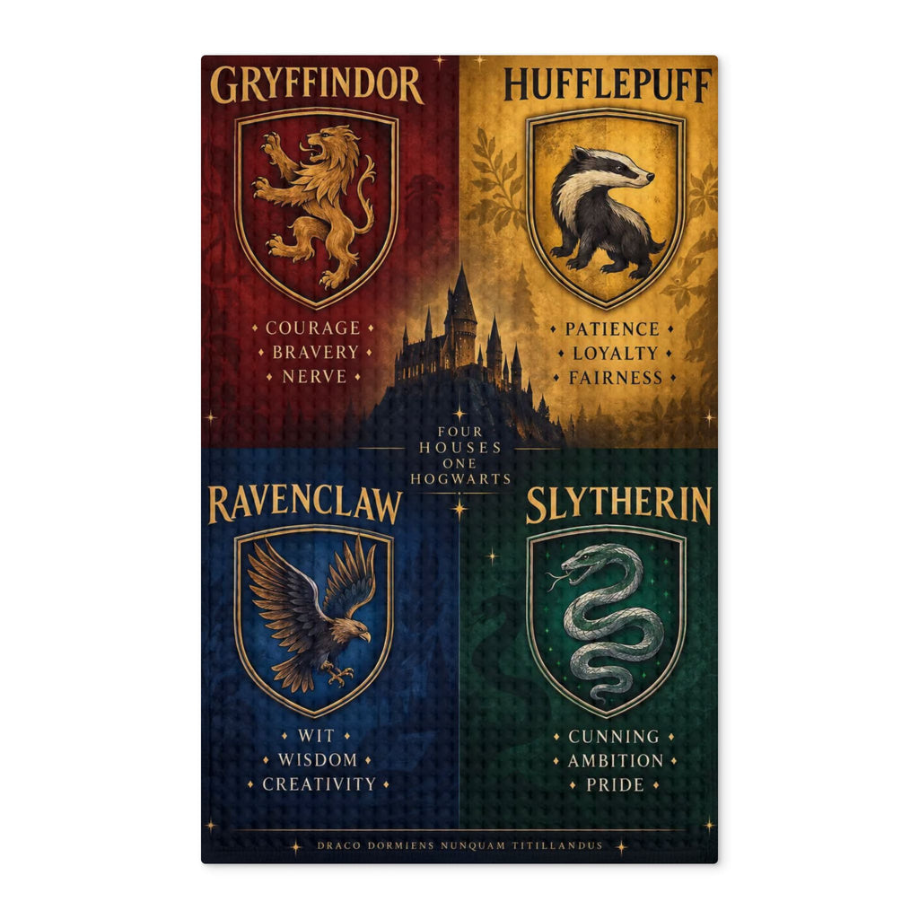 Hogwarts Houses Waffle Tea Towel — Gryffindor Hufflepuff Ravenclaw Slytherin Double-Sided