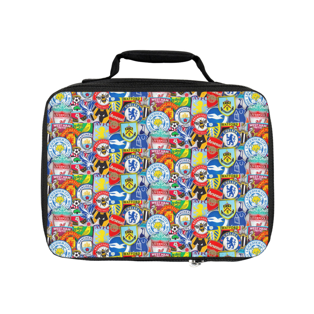 Football Crests Lunch Bag — Colorful Football Club Badge Pattern Insulated Kids Lunchbox