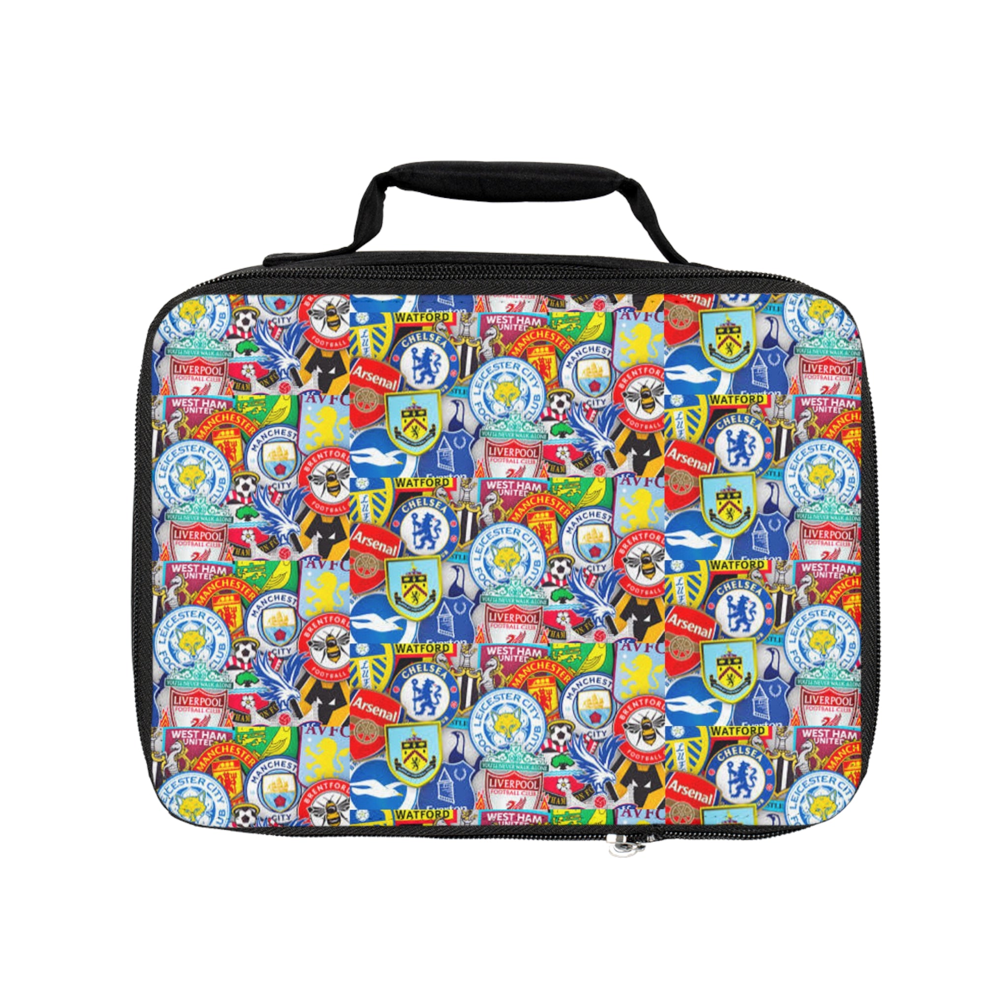 Football Crests Lunch Bag — Colorful Football Club Badge Pattern Insulated Kids Lunchbox