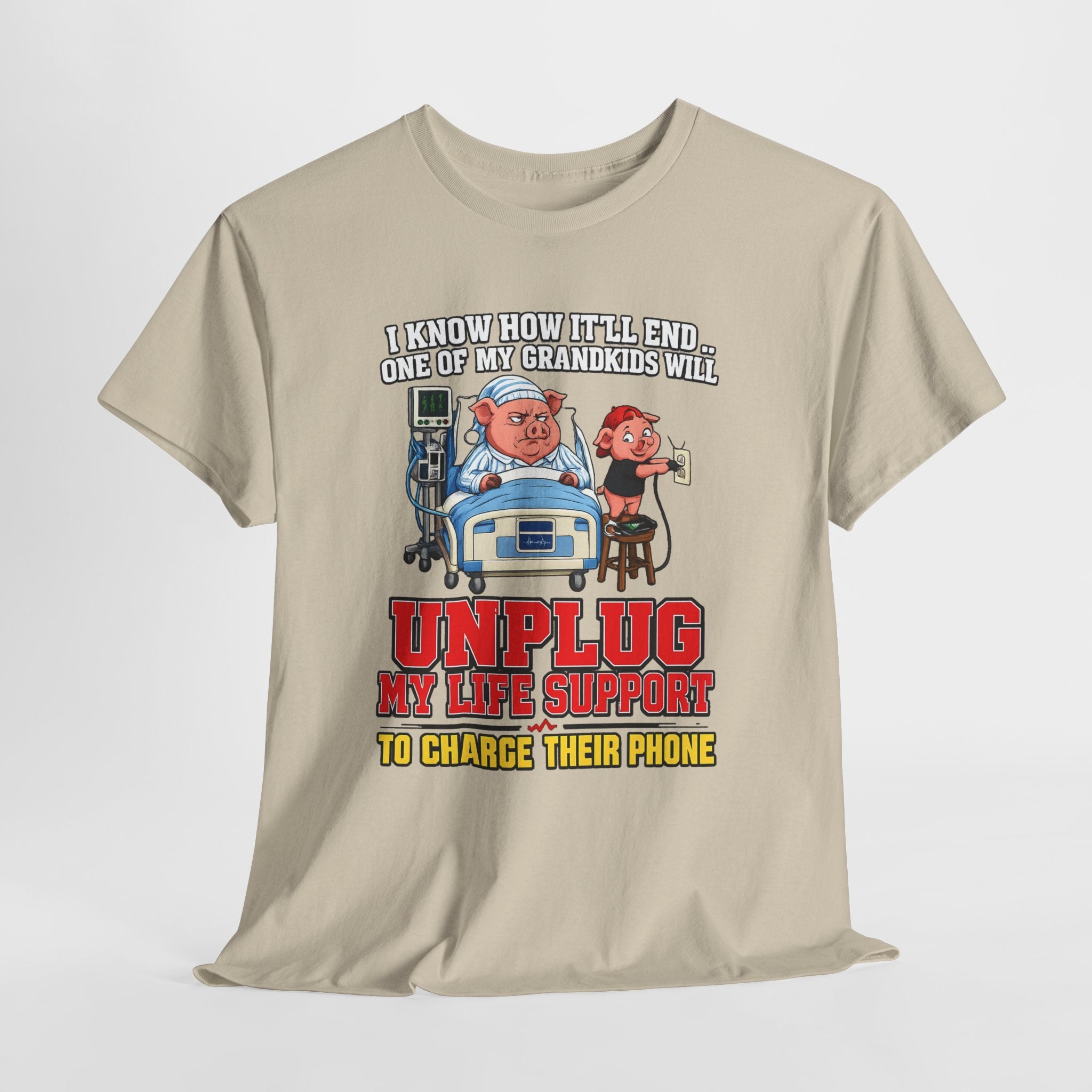 Funny Grandpa T-Shirt - "Unplug My Life Support to Charge Their Phone" Grandpa Humor Tee
