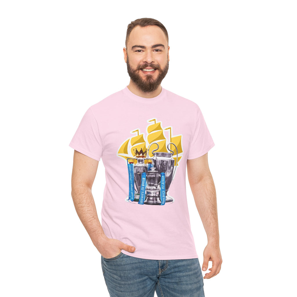 Manchester City Champions Trophy Tee – Golden Cups & Blue Scarves Football Fan Shirt