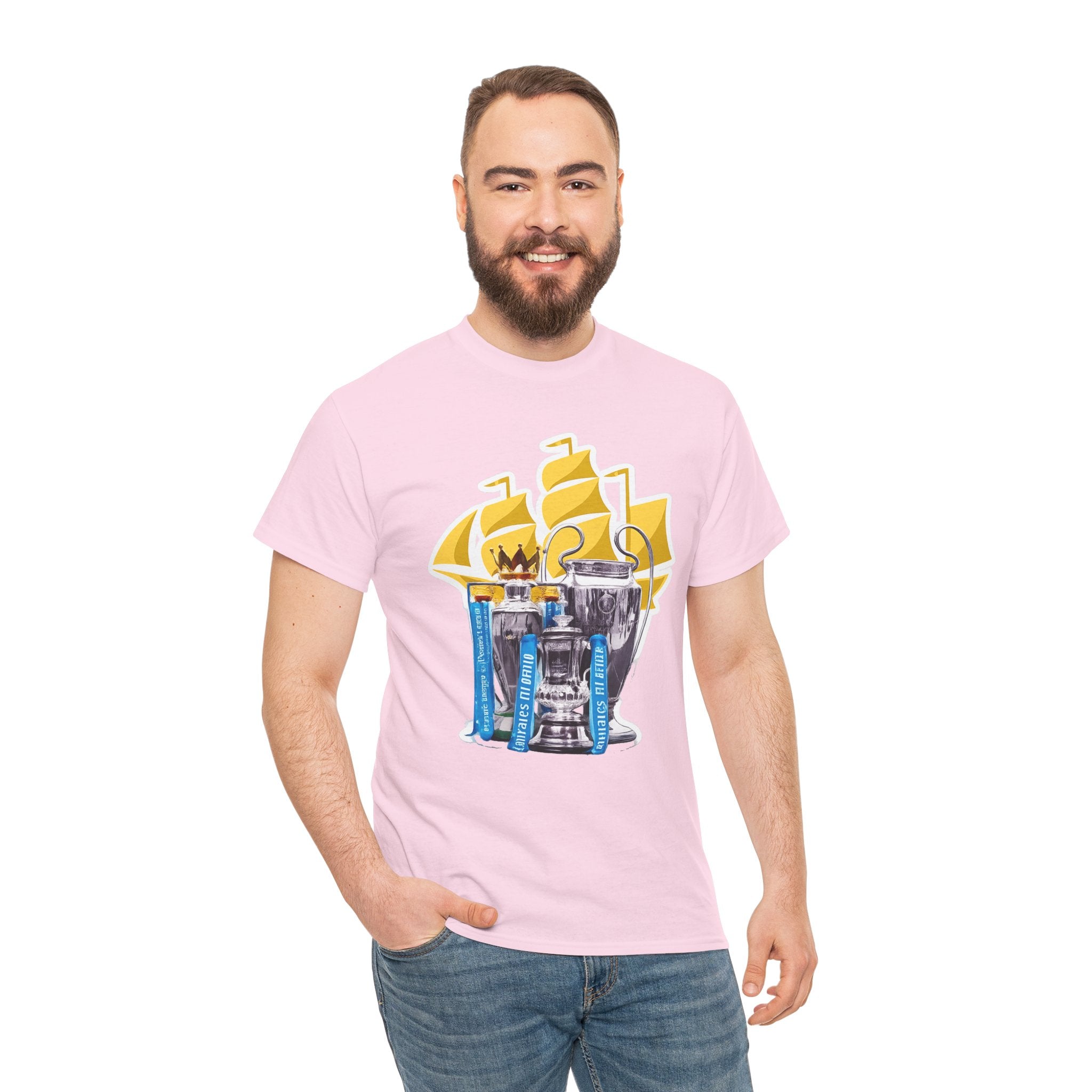 Manchester City Champions Trophy Tee – Golden Cups & Blue Scarves Football Fan Shirt