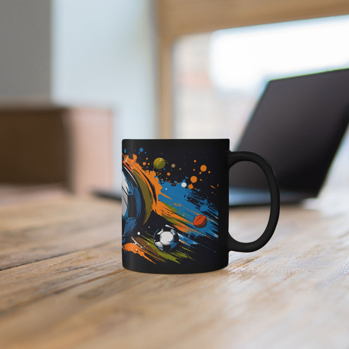 Soccer Splash Black Mug (11oz & 15oz) – Colorful Football Design for Fans & Coaches