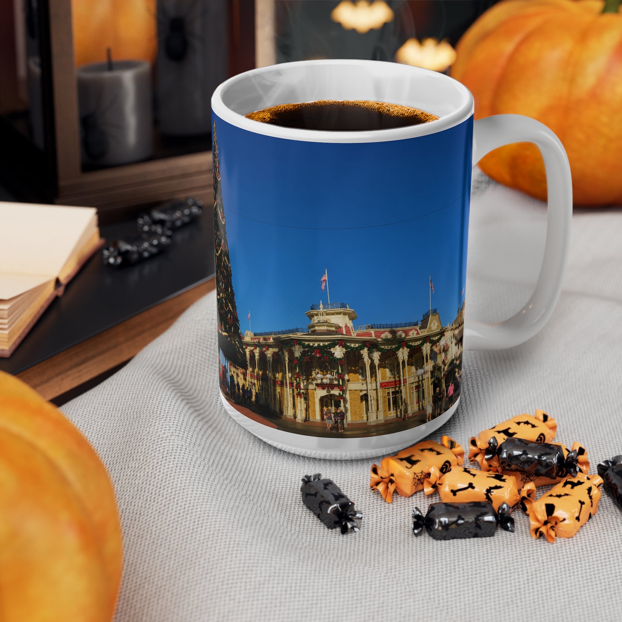 Magic Kingdom Town Square Christmas Mug — Festive Tree & Main Street Ceramic Coffee Cup (11oz, 15oz)