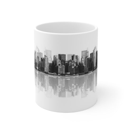 City Skyline Coffee Mug — Black & White Reflective New York Skyline, 11oz/15oz Ceramic
