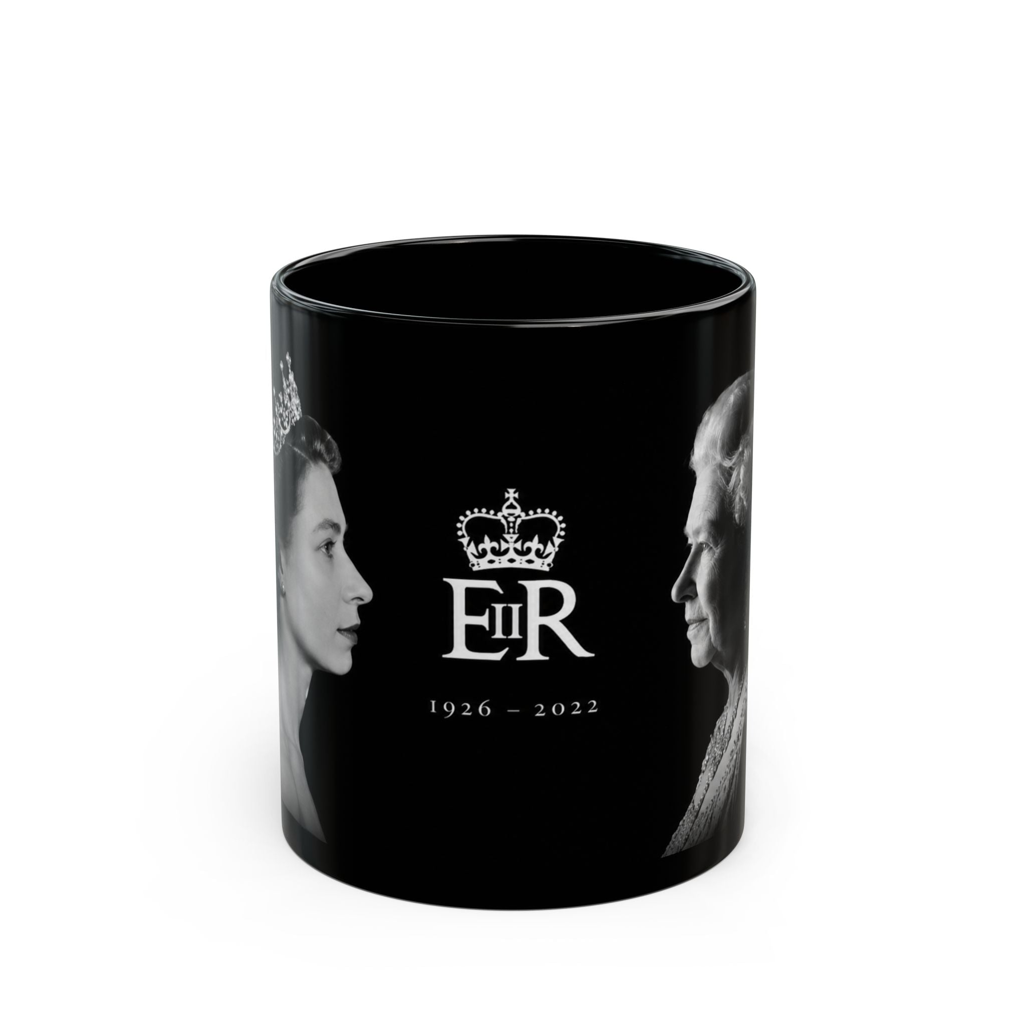 Queen Elizabeth II Memorial Black Mug – E II R Tribute Design (1926–2022)