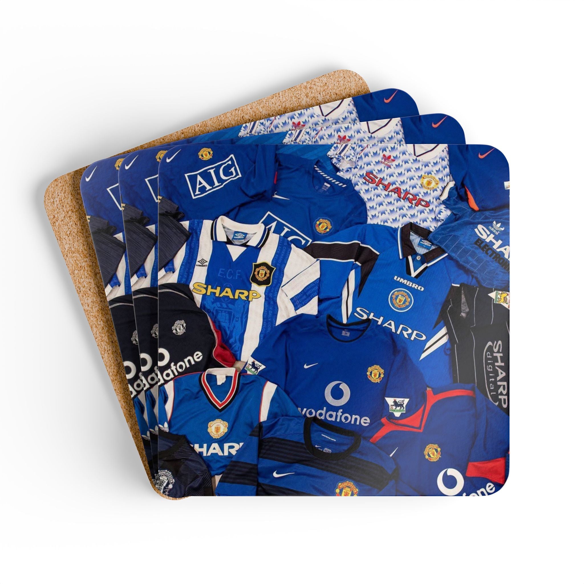 Manchester United Vintage Blue Soccer Jersey Corkwood Coaster Set – Football Memorabilia Drink Coasters (4-Pack)