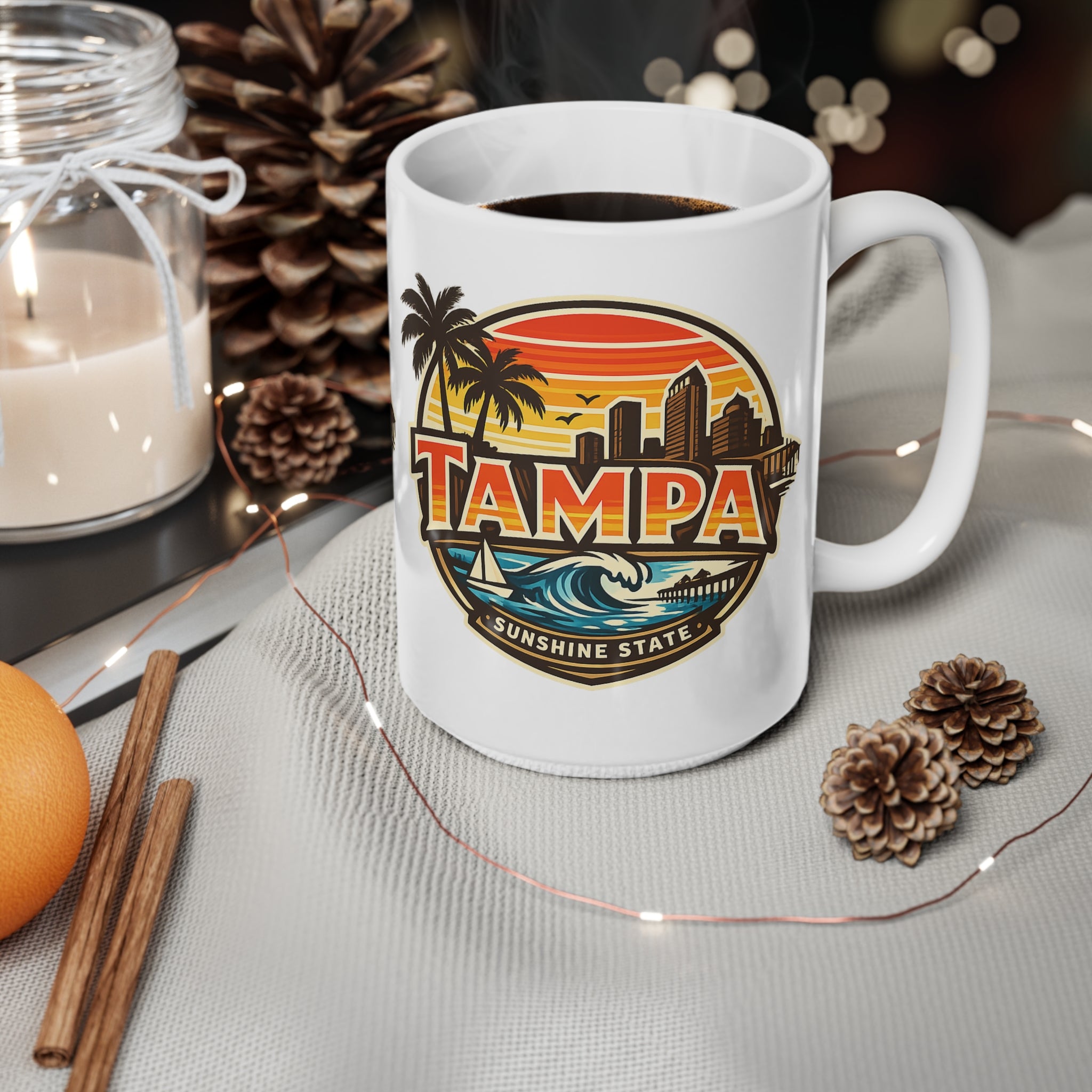 Tampa Retro Sunset Coffee Mug — Ceramic 11oz/15oz (Sunshine State Design)