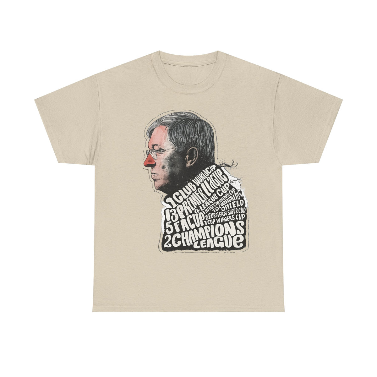 SIr Alex Ferguson Achievements Vintage Football Manager Profile Tee — Illustrated Head with Trophy Text Design