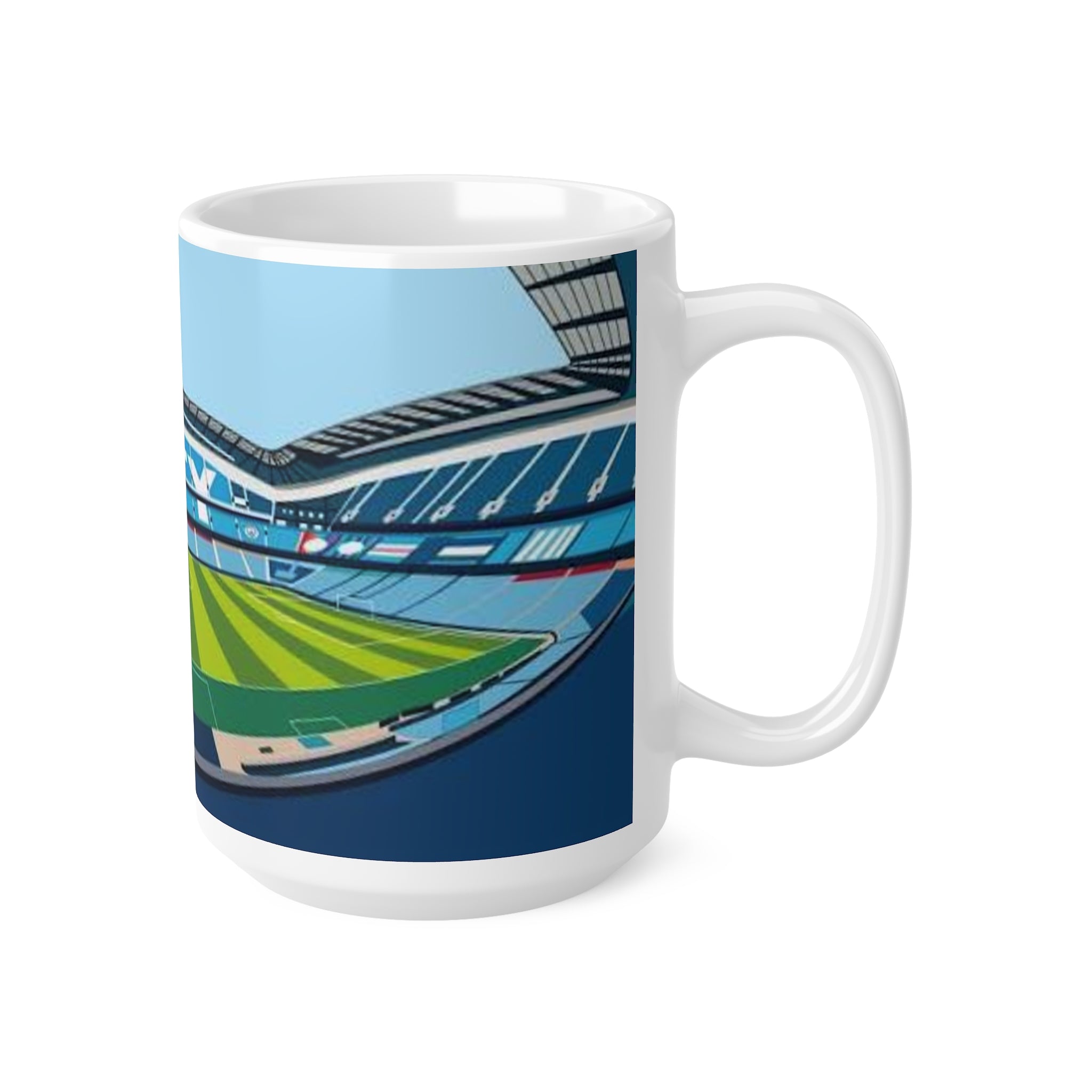 Manchester City Etihad Stadium Panorama Mug — Soccer Pitch Ceramic Coffee Cup (11oz & 15oz)