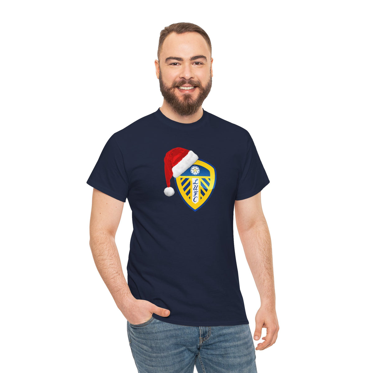 Leeds United Santa Hat Christmas Soccer Crest T‑Shirt – Festive Football Fan Tee
