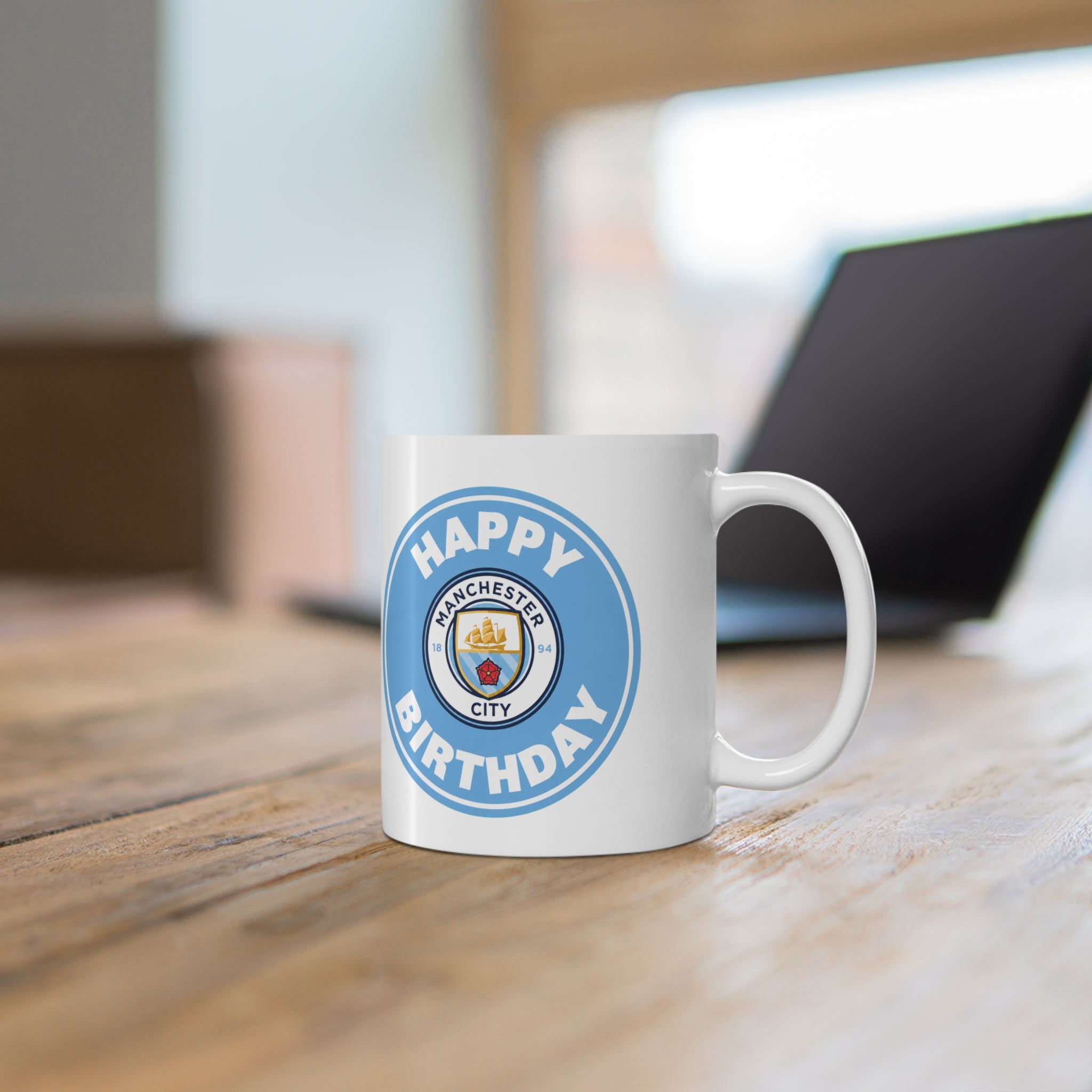 Manchester City Inspired Happy Birthday Football Mug — Manchester City Crest Ceramic Coffee Cup (11oz & 15oz)