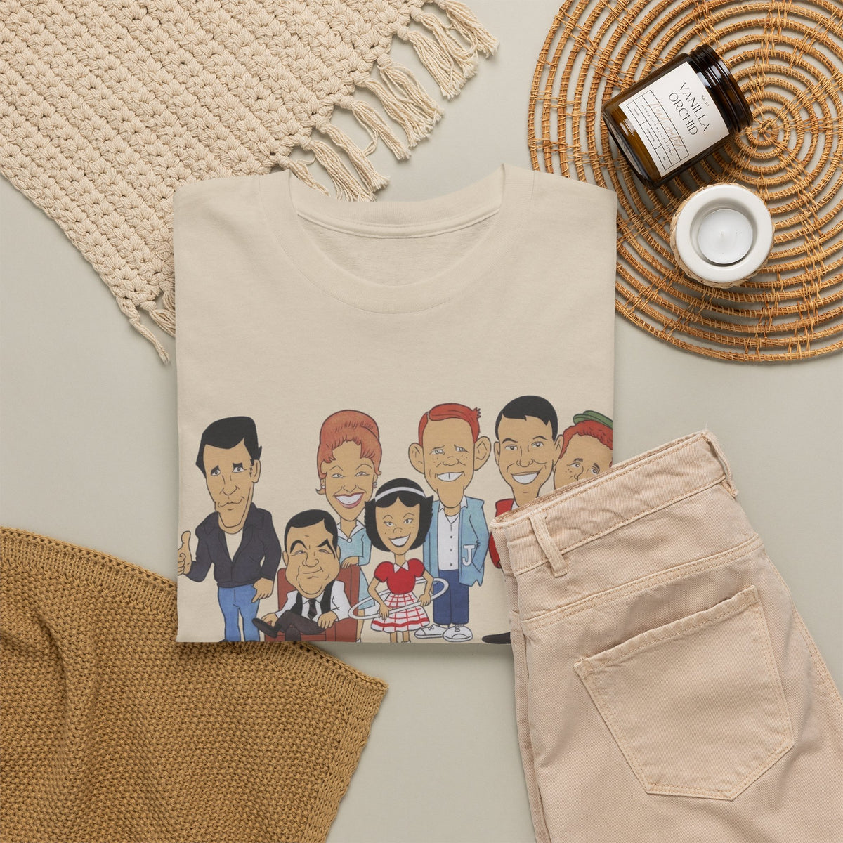 Happy Days Retro TV Cast Cartoon Tee - Vintage Sitcom Character Group Shirt