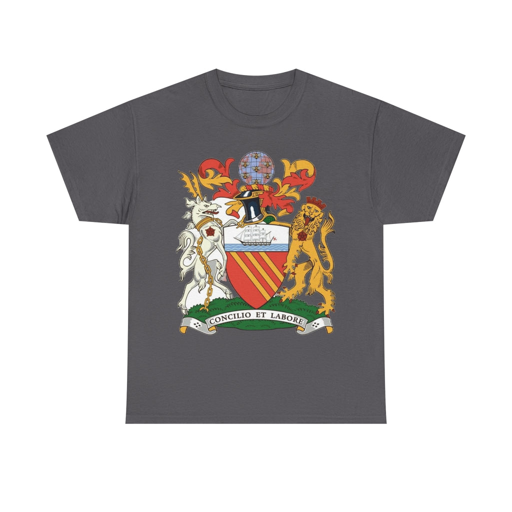 Manchester Coat of Arms Crest T‑Shirt — Heraldic Family Shield Tee with 'Concilio et Labore' Banner