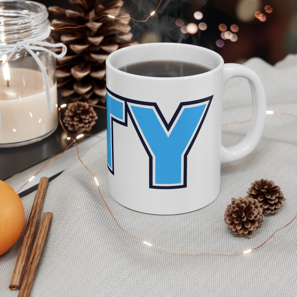 CITY Bold Blue Lettering Ceramic Coffee Mug — 11oz & 15oz
