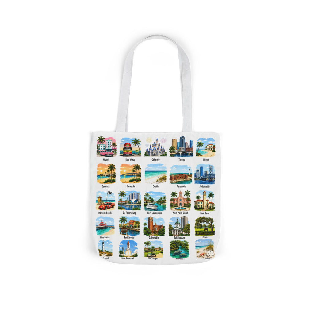 Florida City Landmark Collage Canvas Tote Bag — Vintage Travel Icons Print