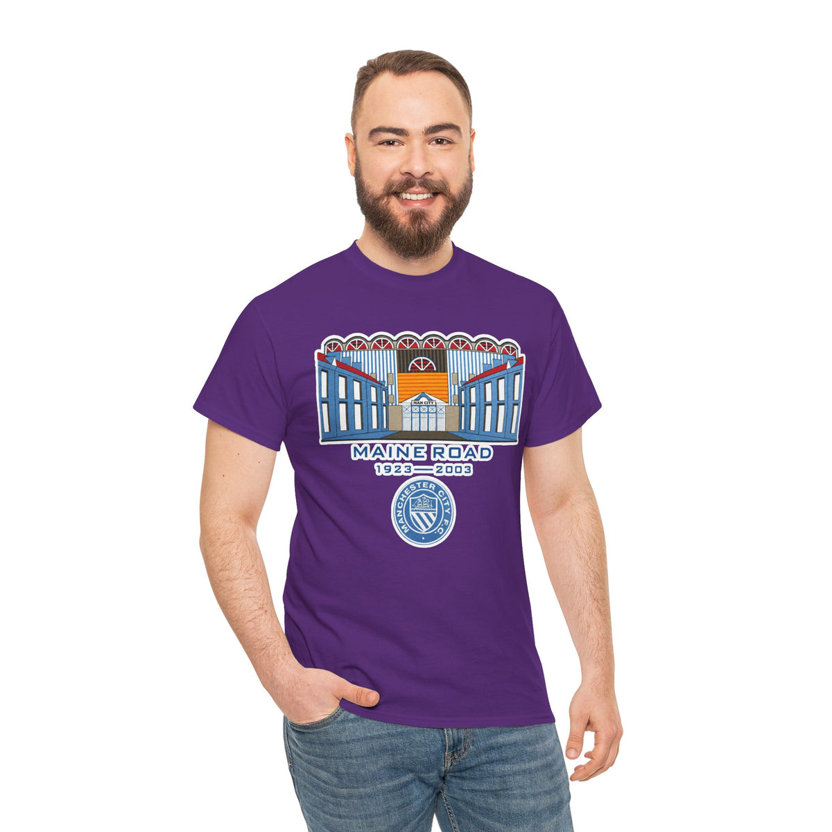 Maine Road 1923–2003 Cotton T-Shirt — Vintage Stadium Illustration Tee
