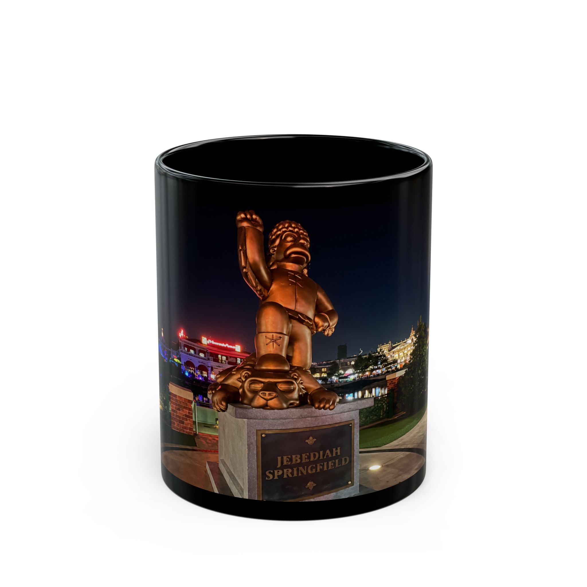 The Simpsons Photo Mug — University Statue & Campus Lights (Black 11oz/15oz)