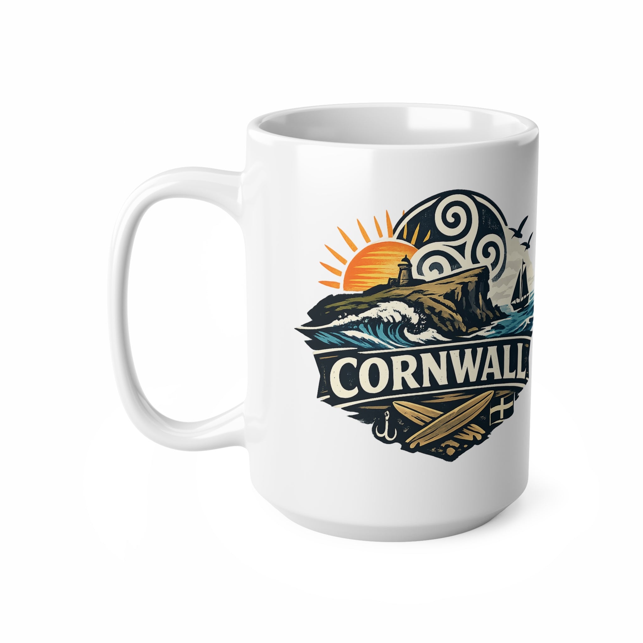 Cornwall Coastal Mug — Scenic Sunset Sail Ceramic Coffee Cup (11oz & 15oz)