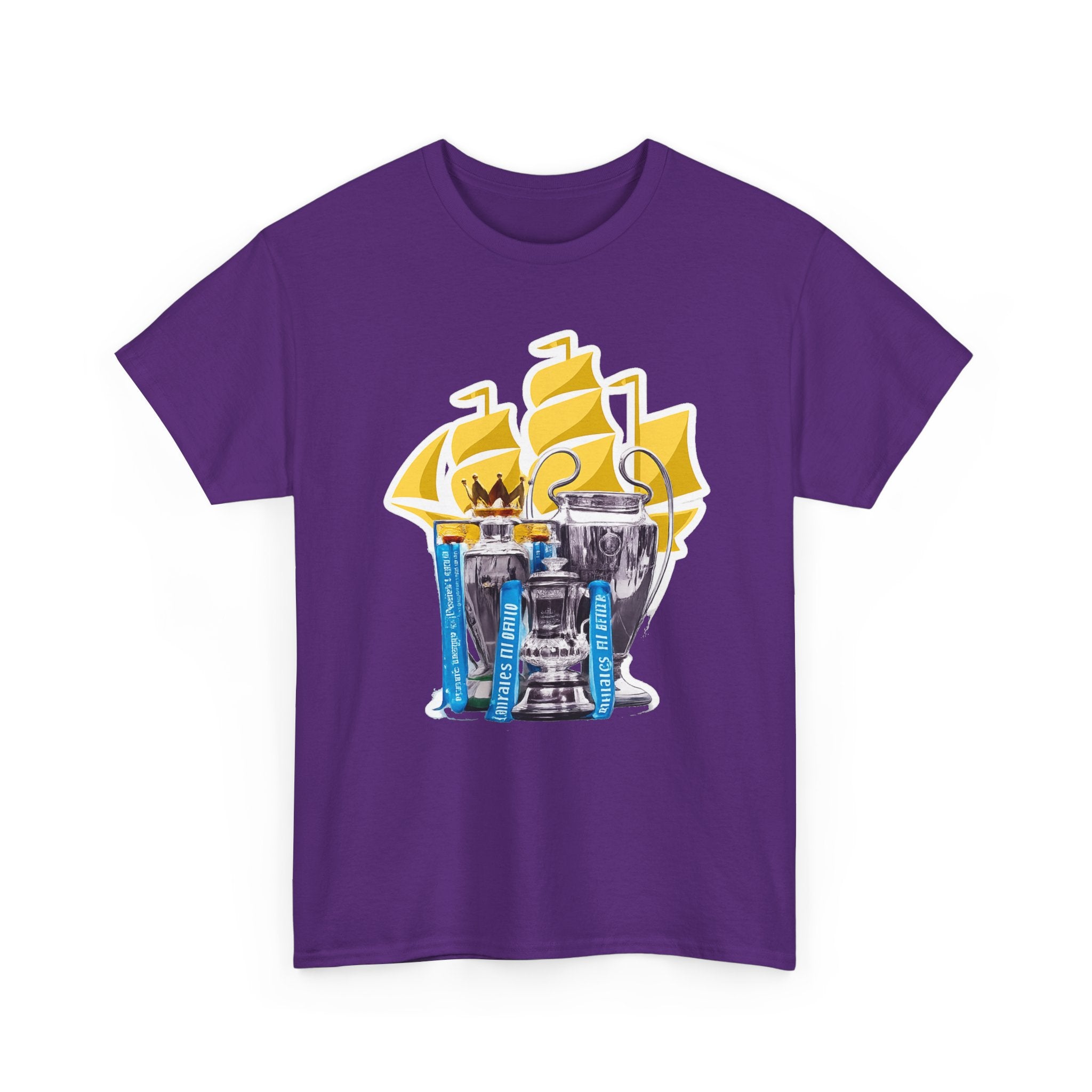 Manchester City Champions Trophy Tee – Golden Cups & Blue Scarves Football Fan Shirt