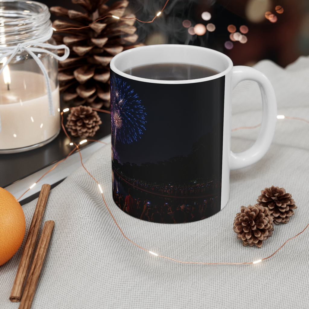 Fourth of July Fireworks Coffee Mug — Patriotic American Flag & Capitol Night Sky (11oz/15oz)