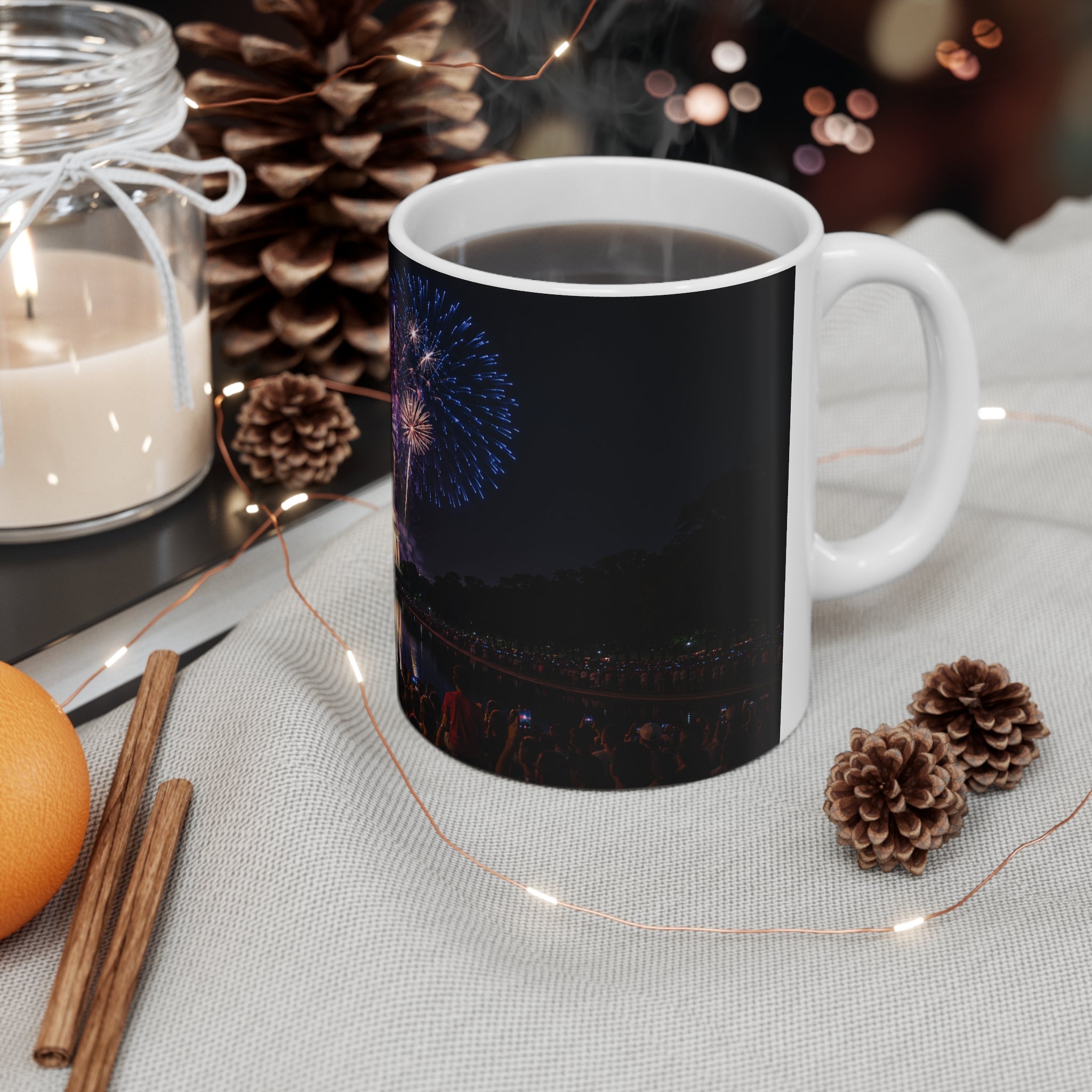 Fourth of July Fireworks Coffee Mug — Patriotic American Flag & Capitol Night Sky (11oz/15oz)