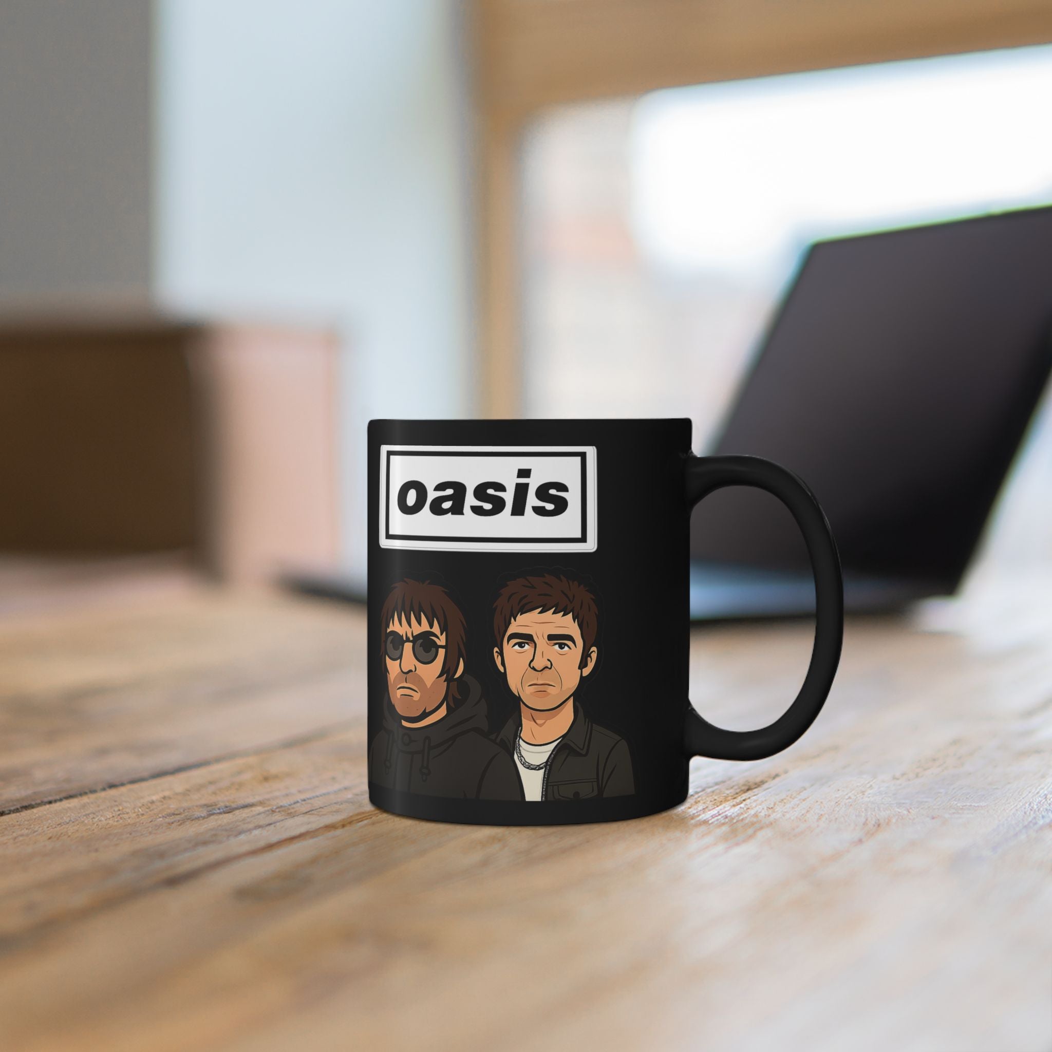 Oasis Inspired Cartoon Band Black Mug — Liam & Noel Ceramic Coffee Cup (11oz/15oz)