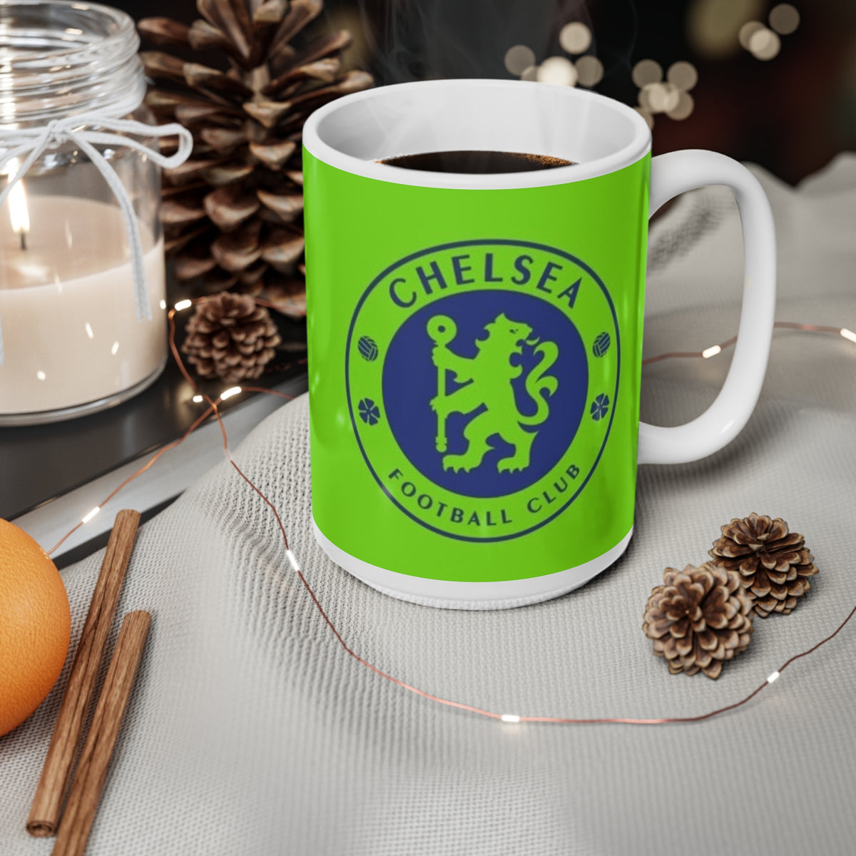 Chelsea-Inspired Neon Green Football Mug (11oz, 15oz)