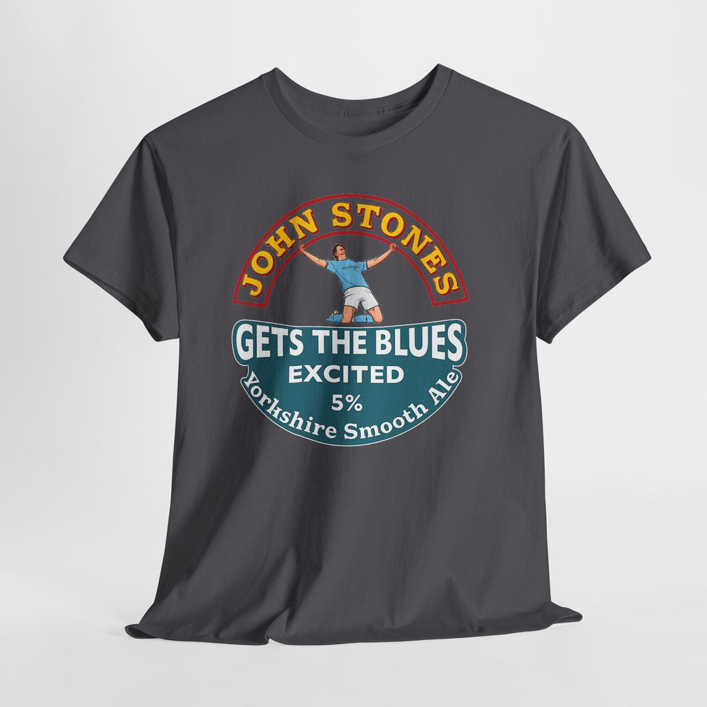 John Stones T-Shirt — "Gets The Blues Excited" Retro Ale Parody Tee