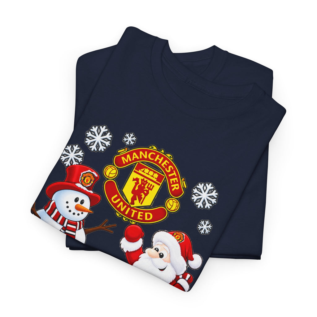 Manchester United Christmas Cotton Tee — Santa & Snowman Football Holiday Shirt