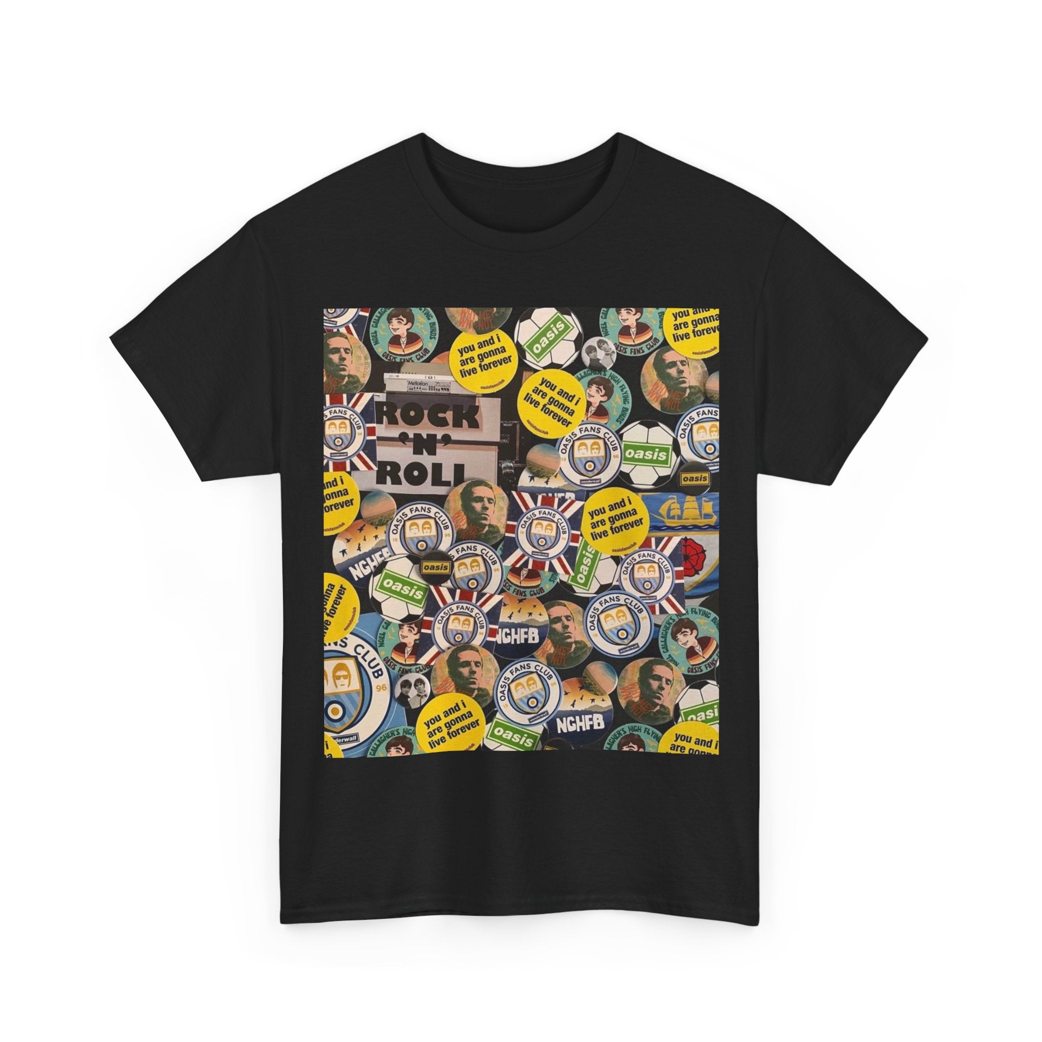 Oasis Rock & Roll Retro Button Collage Tee