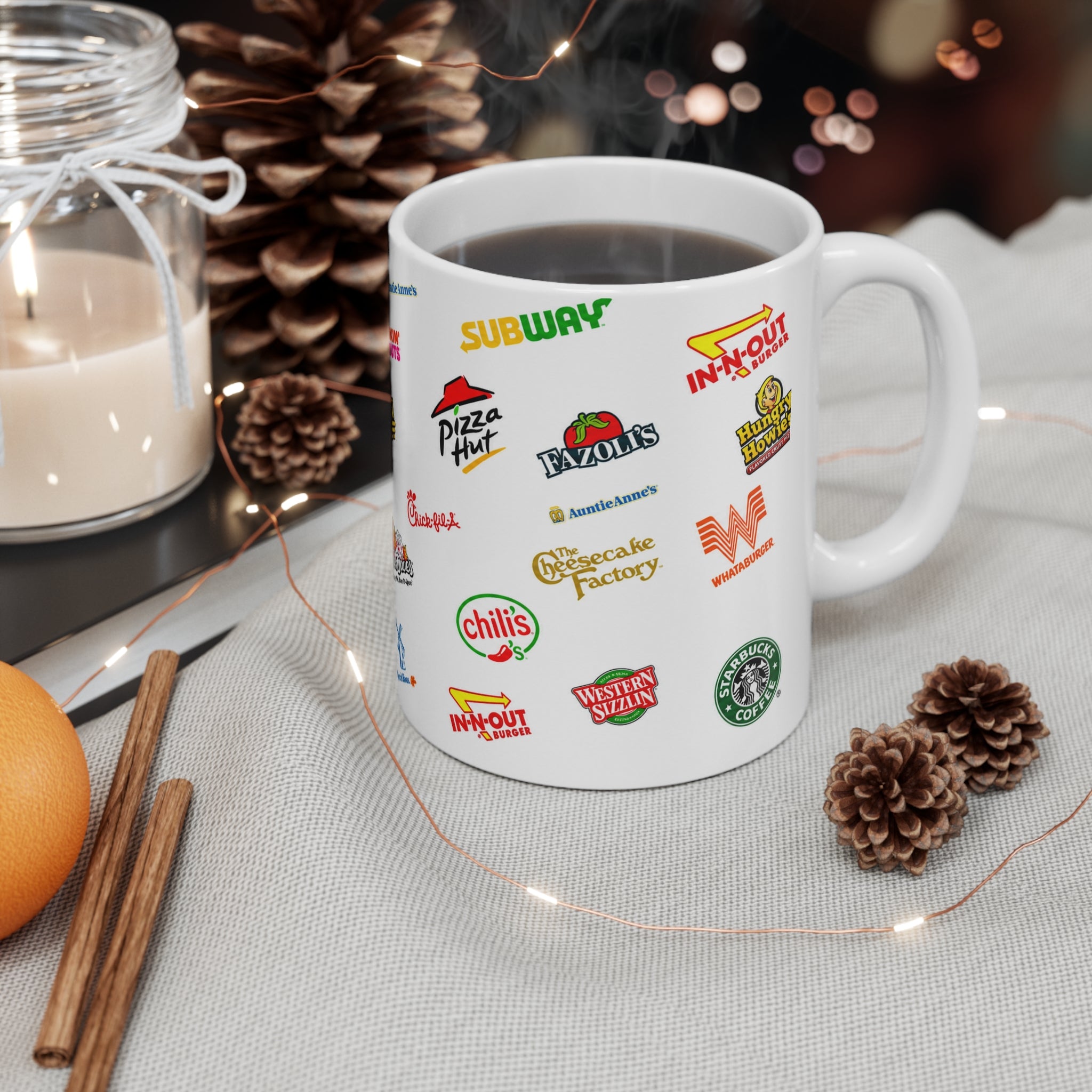 American Food Chains Collage Mug — Ceramic Coffee Cup (11oz & 15oz)