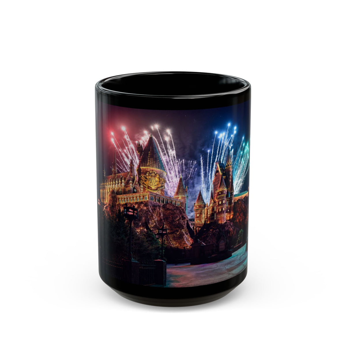 Hogwarts Castle Fireworks Night Black Mug — Castle Nightscape Coffee Cup (11oz/15oz)