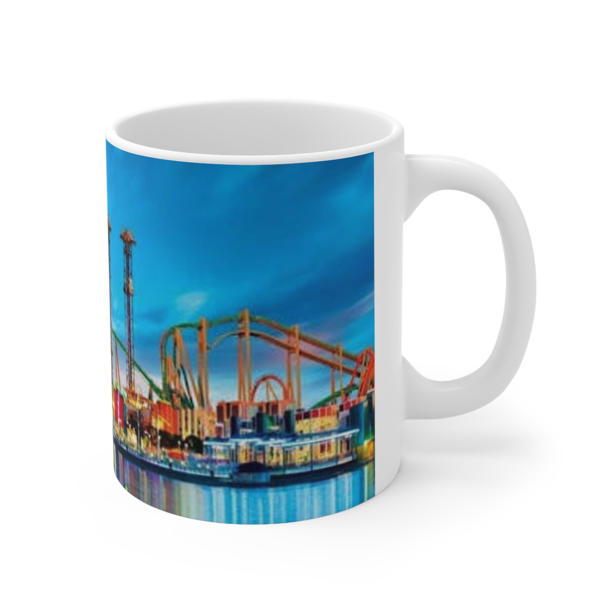 Orlando Theme Park Nightscape Ceramic Mug — Colorful Roller Coaster Skyline (11oz & 15oz)