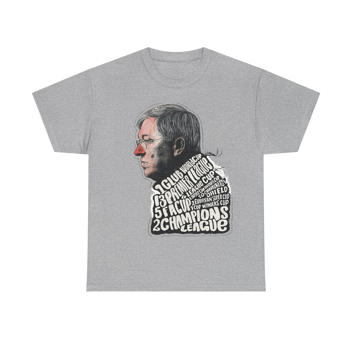 SIr Alex Ferguson Achievements Vintage Football Manager Profile Tee — Illustrated Head with Trophy Text Design