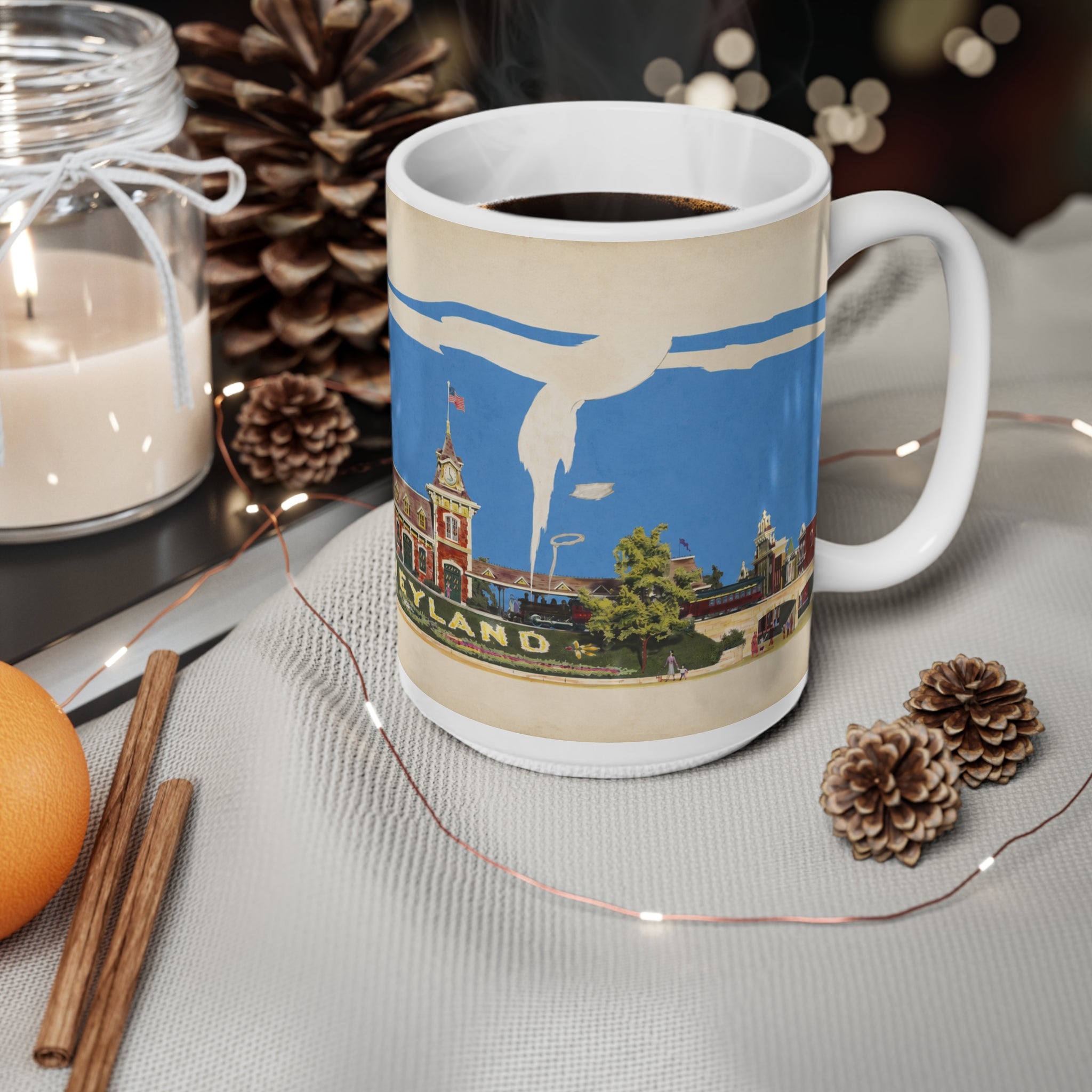 Disneyland Vintage Entrance Ceramic Coffee Mug — Retro Theme Park Travel Poster Design (11oz, 15oz)