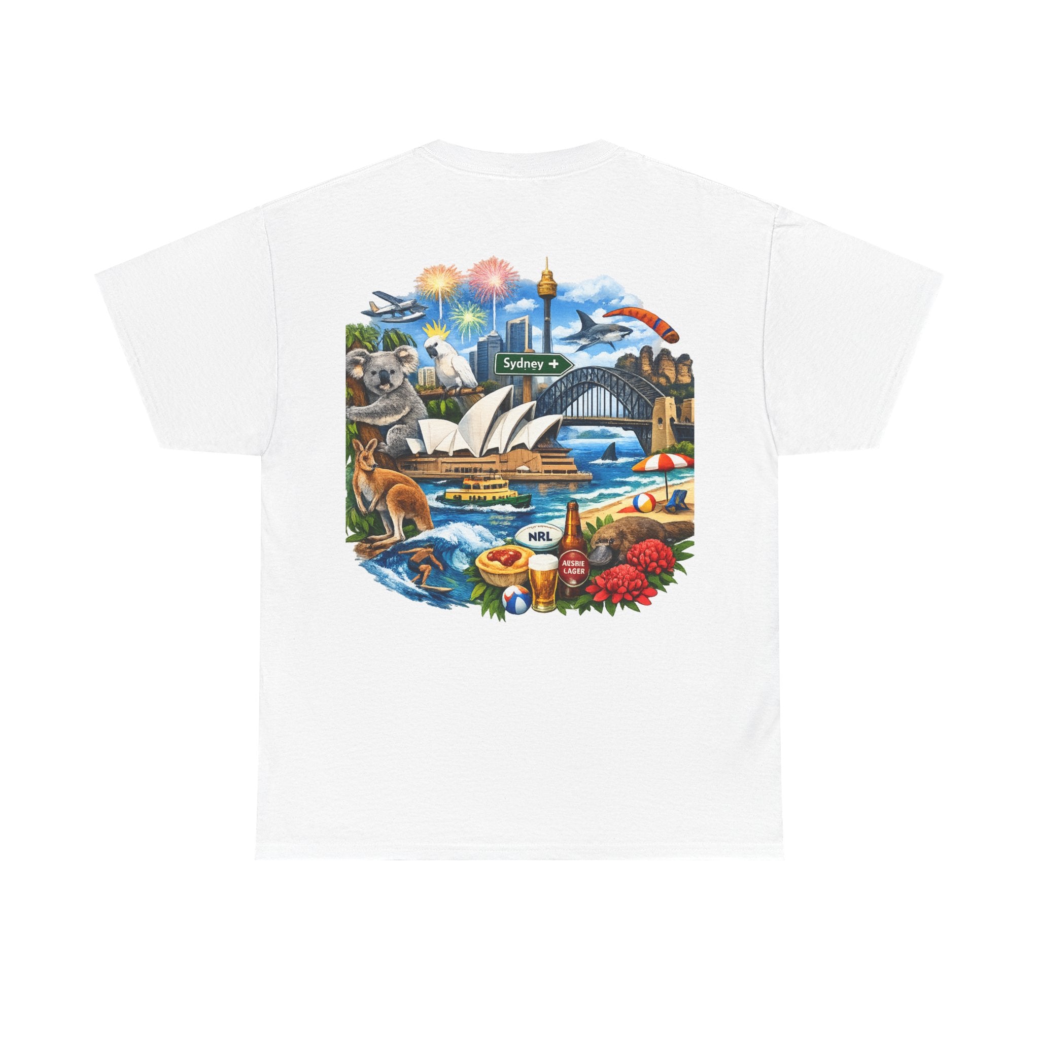 T-Shirt — Sydney Landmark Collage Tee (Opera House, Harbour Bridge, Koala & Beach Scene)