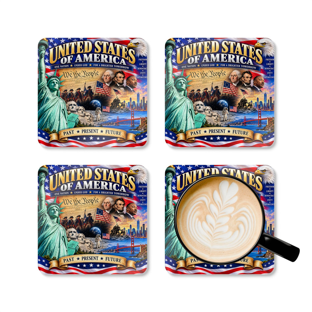 Patriotic USA Cork Coaster Set – United States Collage Design (Past • Present • Future)