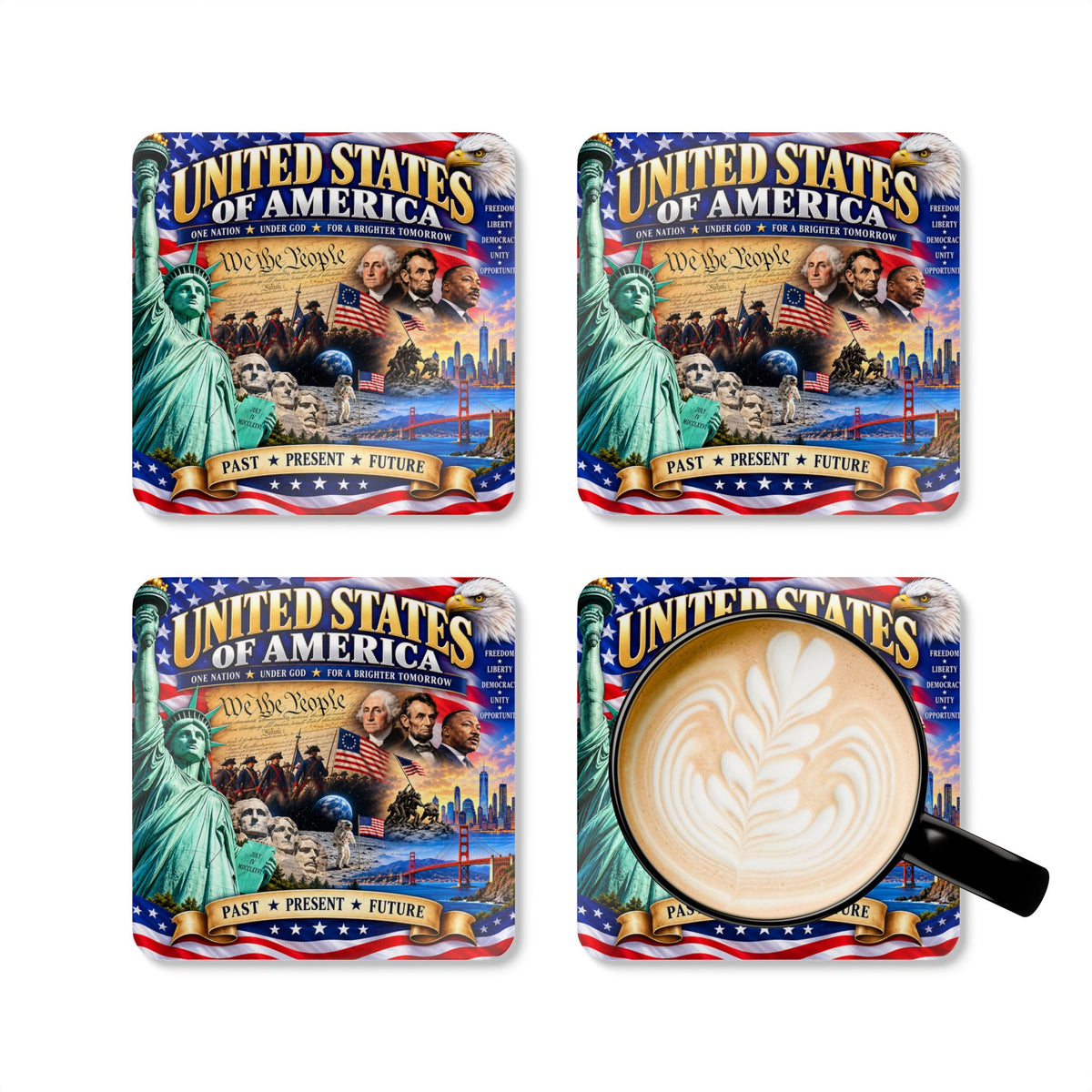 Patriotic USA Cork Coaster Set – United States Collage Design (Past • Present • Future)