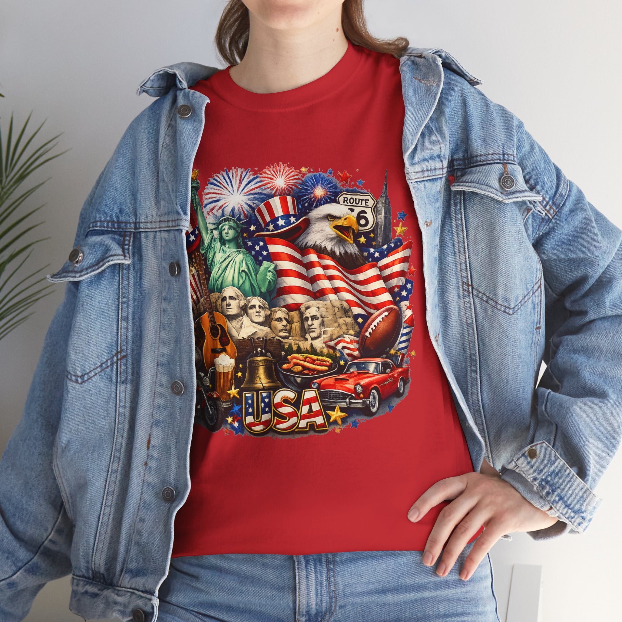 Patriotic USA Graphic Tee – American Flag, Statue of Liberty & Fireworks T-Shirt